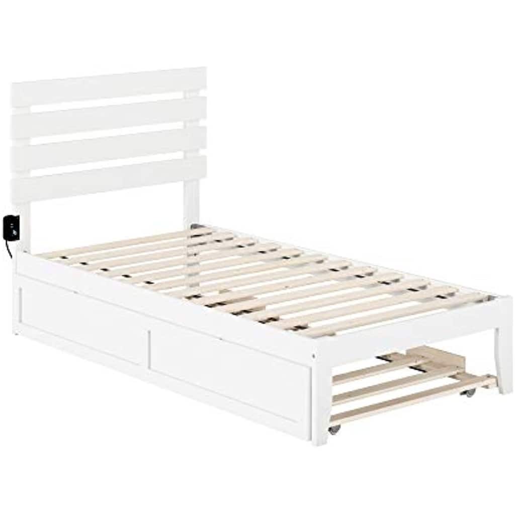 Twin Bed With Trundle & USB Charger - Modern Loft Style Bed Frame, Durable Wood Construction, White Finish