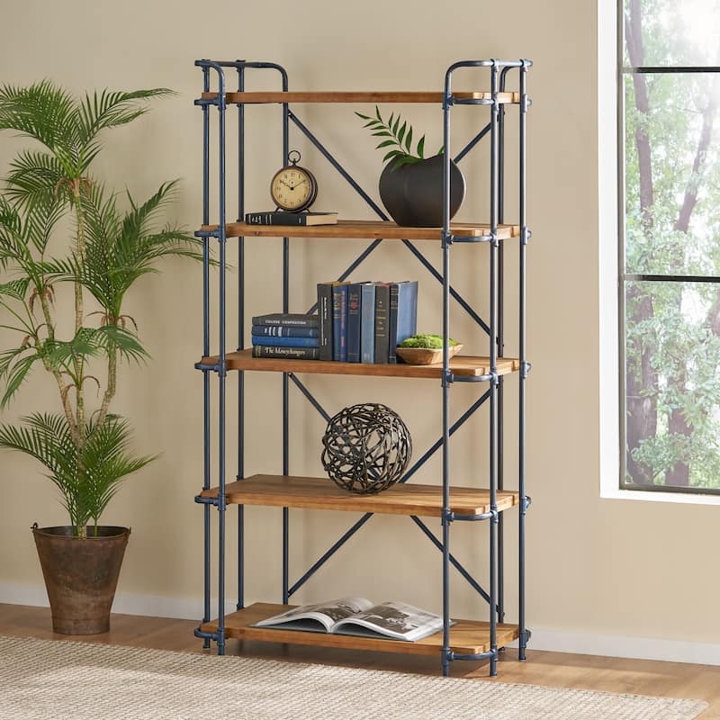 Yorktown Industrial 5 Shelf Firwood Bookcase by Christopher Knight Home - Antique Brown+Blue+Black