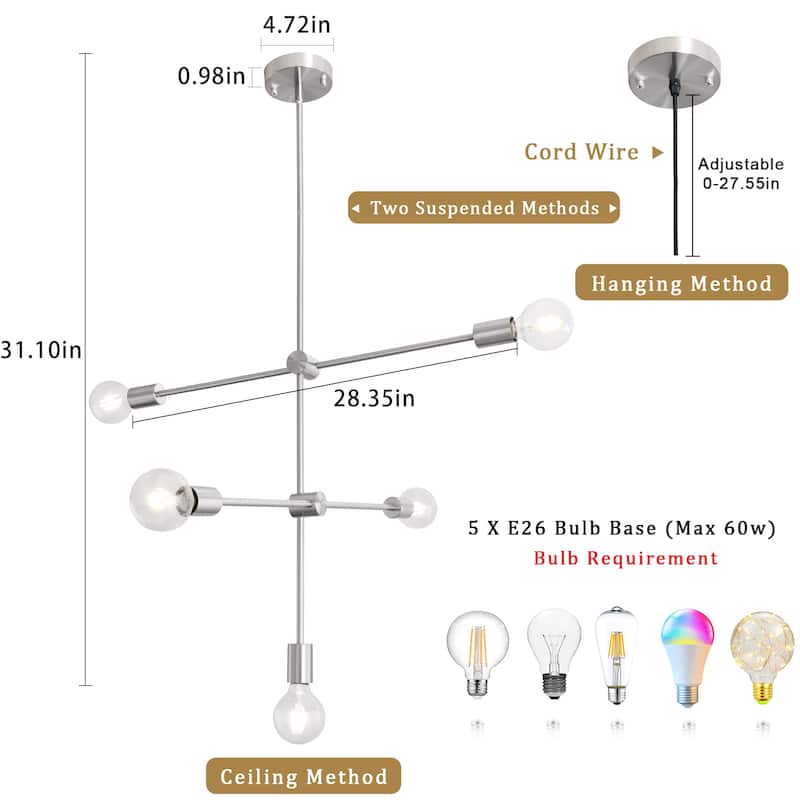 5-Light Dimmable Sputnik Modern Linear Chandelier for Living Room Bedroom