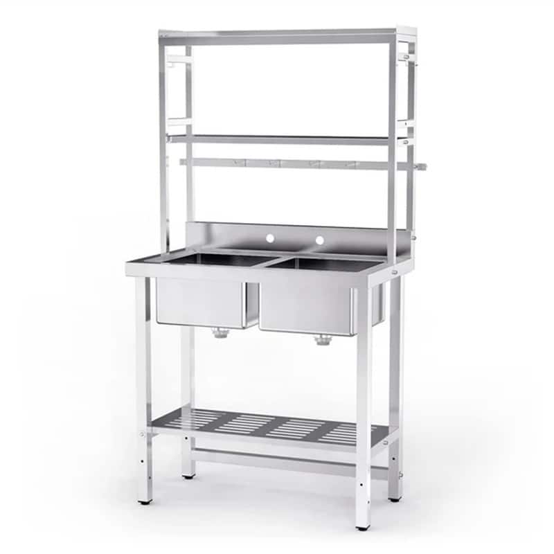 67 Inch Double Bowls Commercial Stainless Steel Sink Kitchen with Shelves - 35.8"W x 21.3"D x 68.1"H - Silver