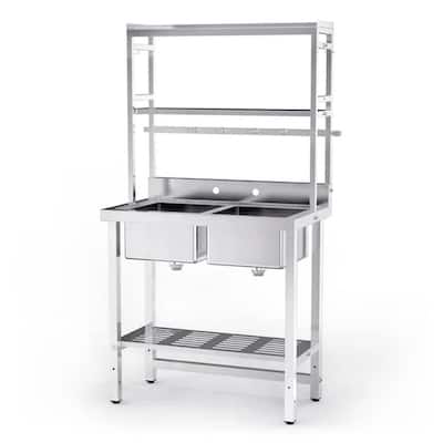 67 Inch Double Bowls Commercial Stainless Steel Sink Kitchen with Shelves - 35.8"W x 21.3"D x 68.1"H