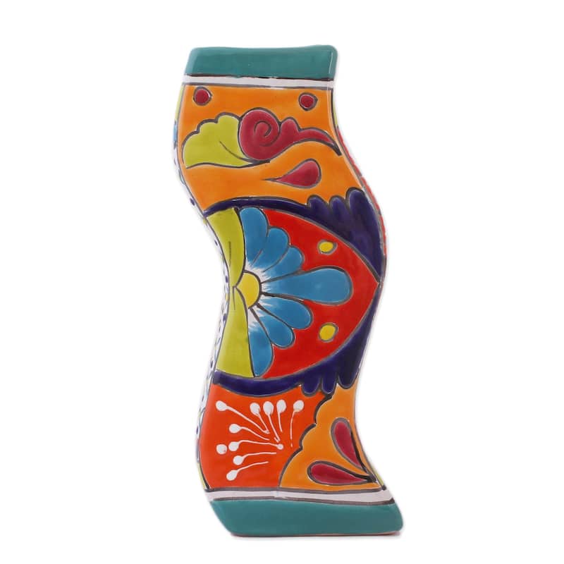 Novica Handmade Wavy Talavera Ceramic Vase