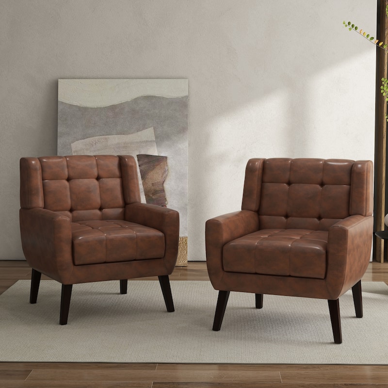 Tufted Wingback Accent Chairs Linen/Faux Leather/Velvet Armchairs Set of 2