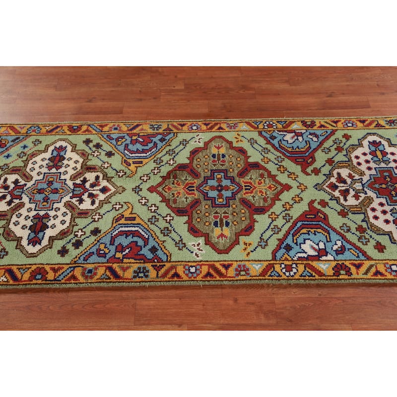 Hand Knotted Oriental 100% Wool Carpet Traditional Geometric Green Kazak Runner Rug - 9' 8'' X 2' 7''