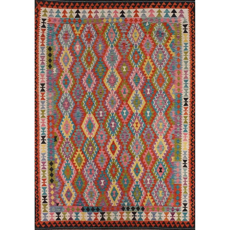 Reversible Kilim Area Rug Hand-Woven Bedroom Wool Carpet - 8'9" x 11'4"