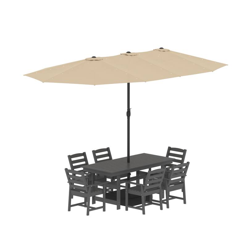 Outdoor Dining Table and Chair Set: HDPE Material, Wood - Grain Design
