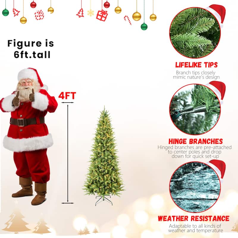 5FT Slim Christmas Tree with 200 Warm White LED Lights-610 PE+PVC Tips,Space-Saving Hinged Design, Easy Setup