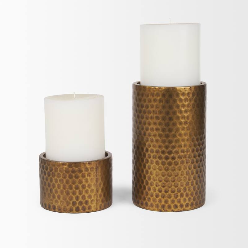 Gage Antiqued Gold Honeycomb Textured Metal Candle Holder (Set of 2) - 4.7L x 7.9W x 4.7H