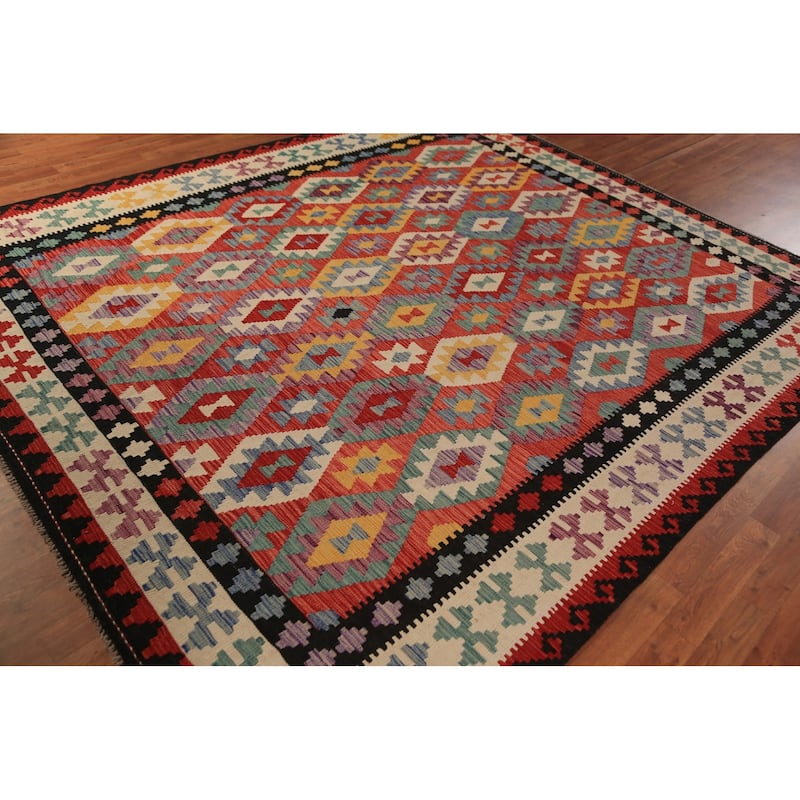 All-Over Trellis Kilim Oriental Area Rug Flatweave Wool Carpet - 8'4"x 9'5"