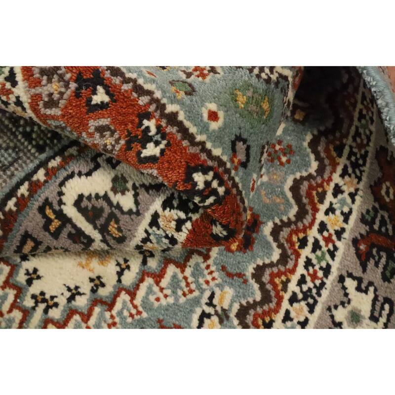Hand Knotted Oriental 100% Wool Carpet Traditional Geometric Navy Blue & Blues Viss Runner Rug - 8' 0'' X 2' 7''