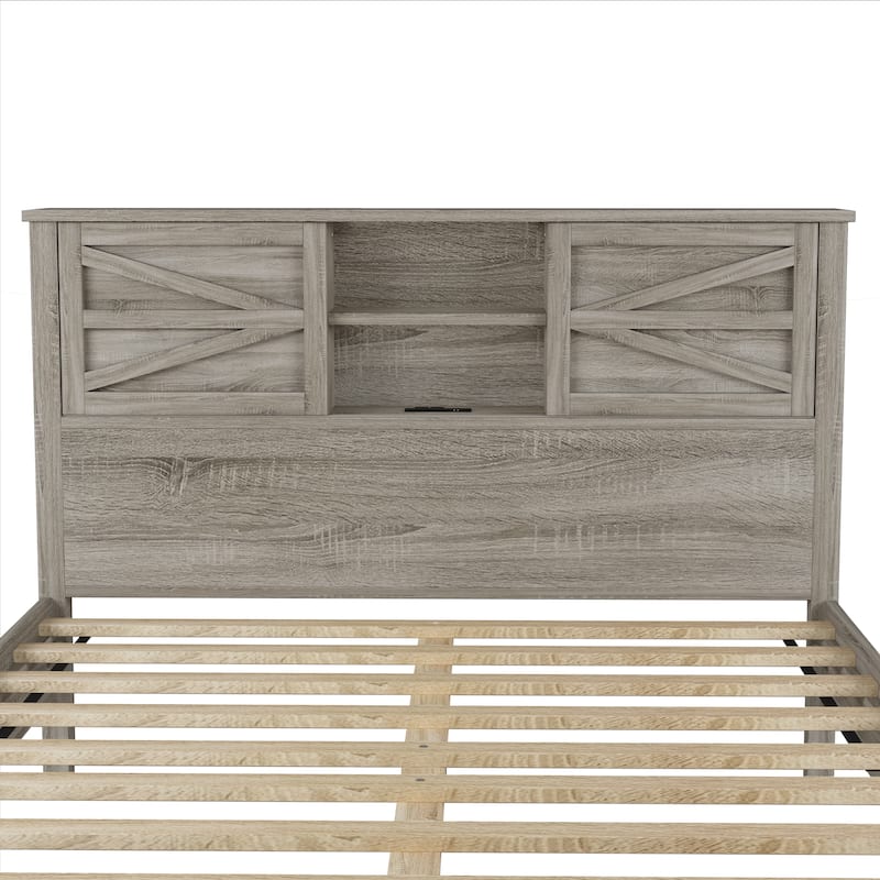 Farmhouse Platform Bed with Double Sliding Barn Door, Full/Queen Size Rustic Bed Frame with Charging Station, Wood Slats Support