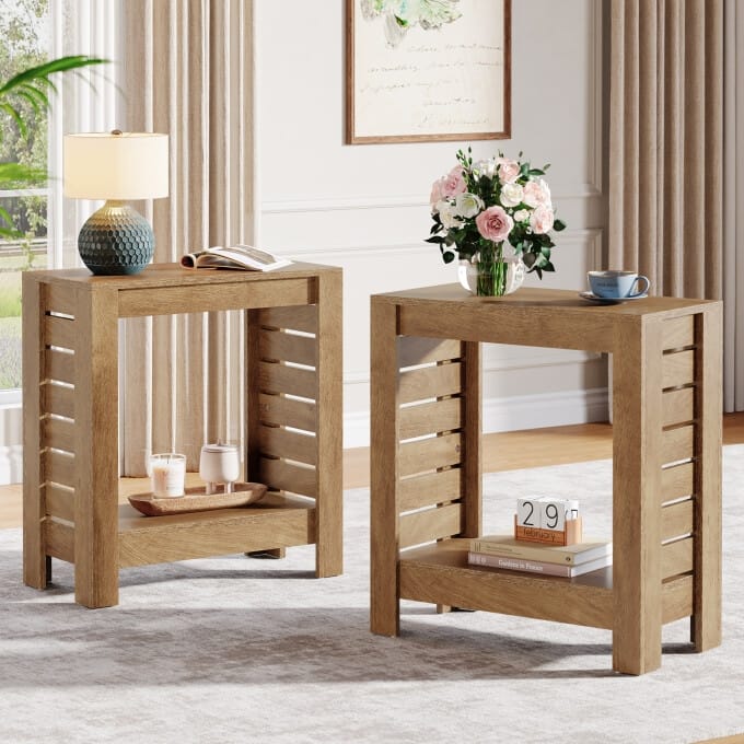 2-Tier Wooden Side Table, Narrow End Table For Small Spaces
