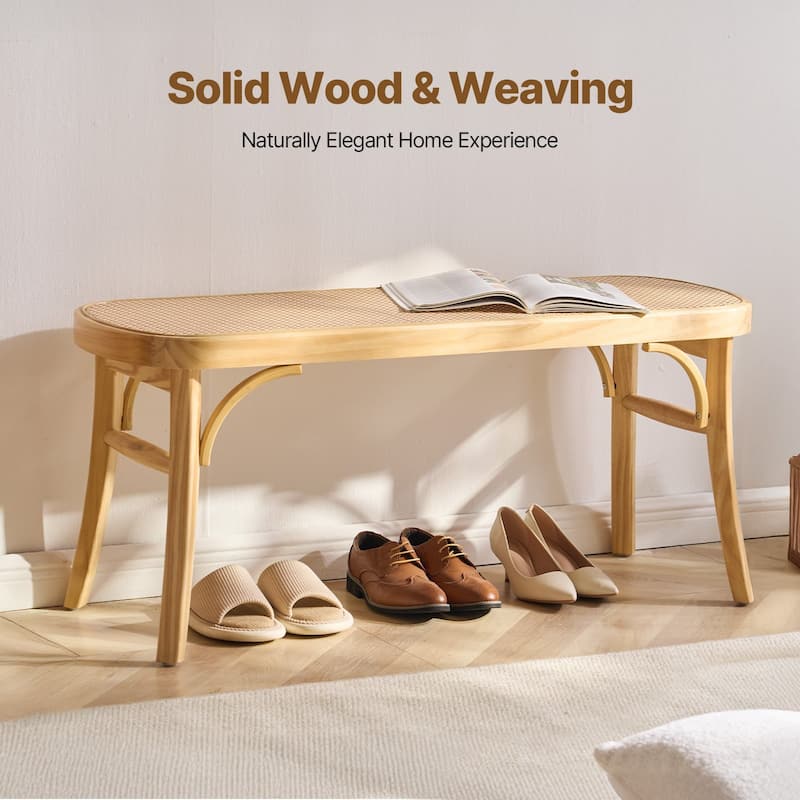 Rattan Wooden Bench for Entryway Living Room or Bedroom Seating - 43.3 x 14.5 x 18.4in