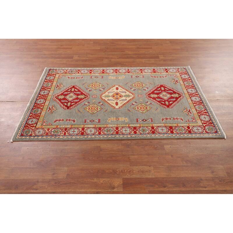 Geometric Kazak Accent Rug Hand-Knotted Oriental Wool Carpet - 3'3" x 5'0"