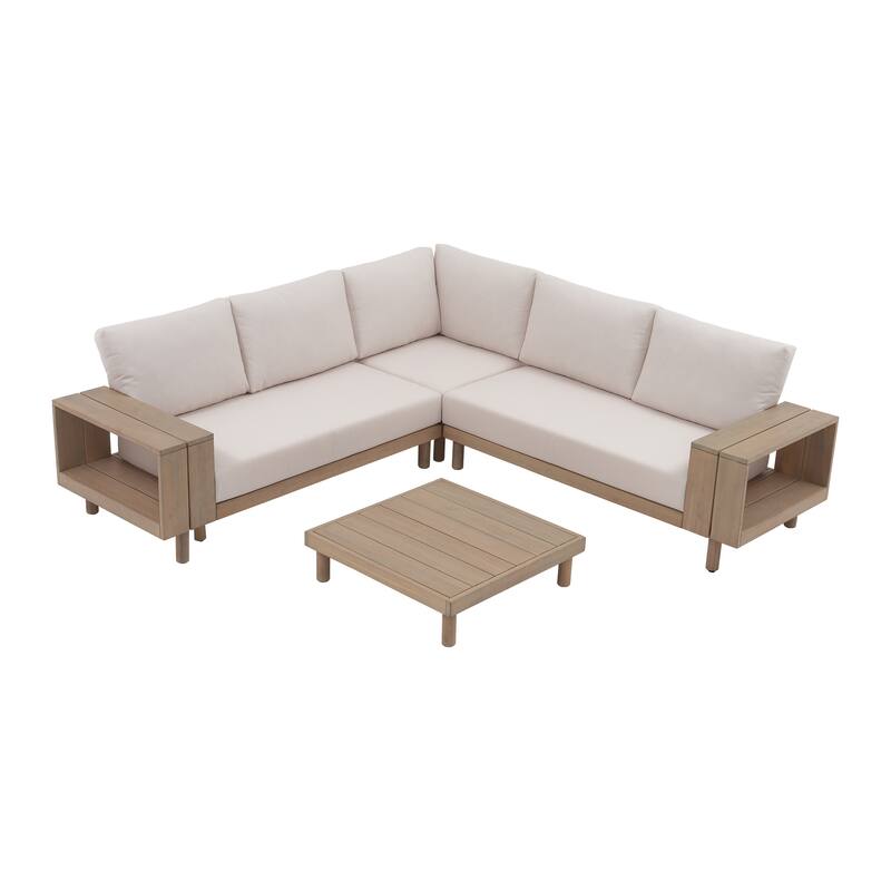 Outdoor 4-Piece Conversation Set Solid Eucalyptus Wood L-Shaped Sectional Sofa with Coffee Table