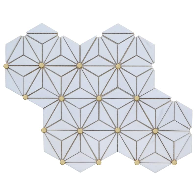 Thassos White Hexagon Marble With Gold Accents Mosaic Tile - 1 Case (10 Sheets)