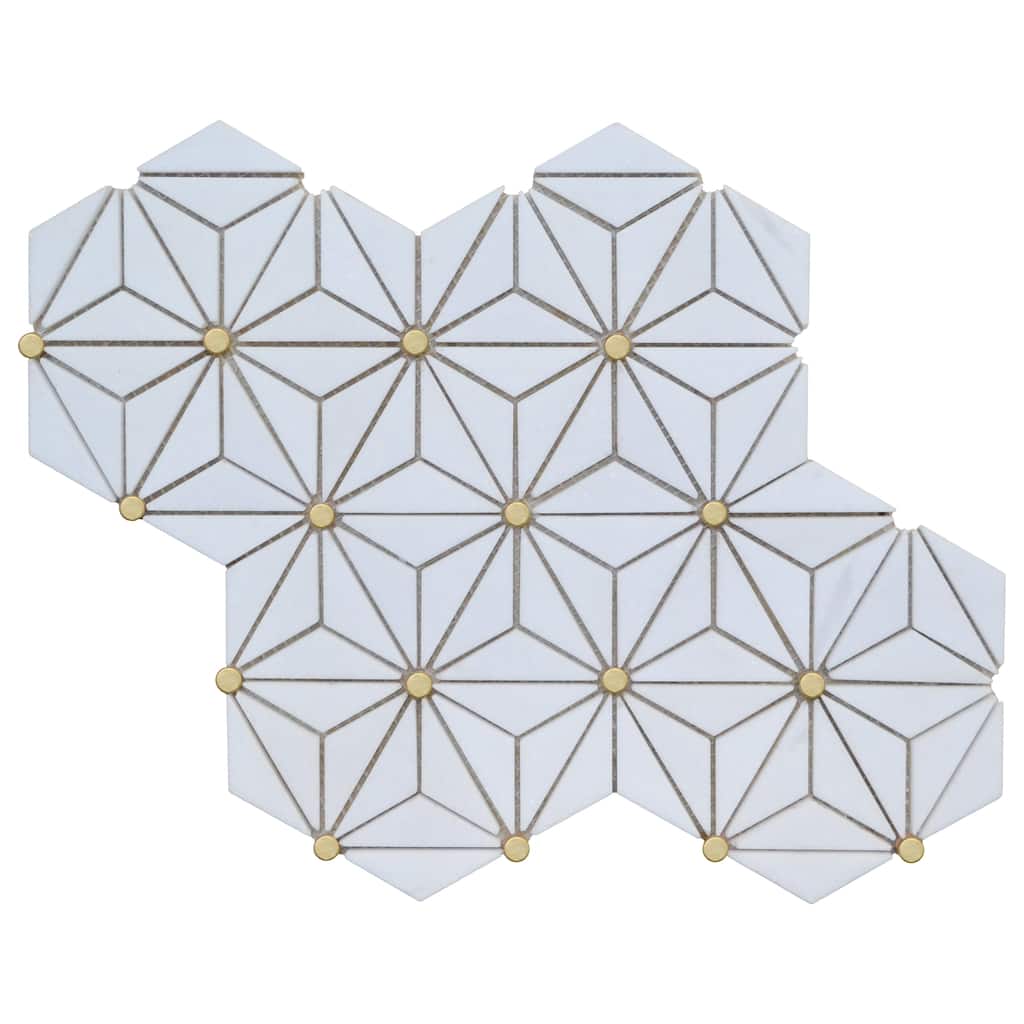 Thassos White Hexagon Marble With Gold Accents Mosaic Tile - 1 Case (10 Sheets)