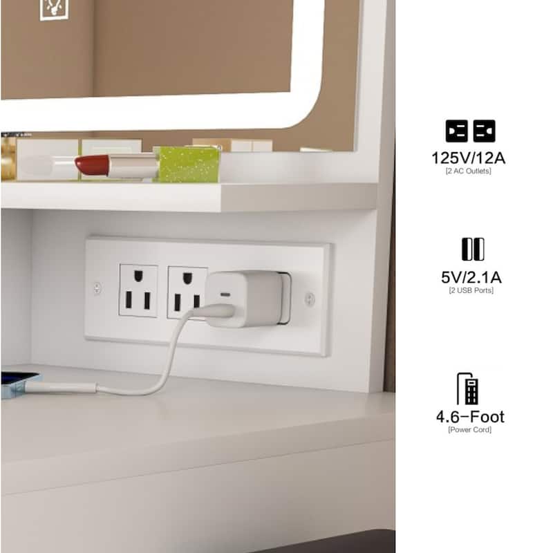 KISRAIS 31.5" Vanity Desk with Brightness Adjust LED Mirror, Cushioned Stool, Power Station, and Hair dryer bracket