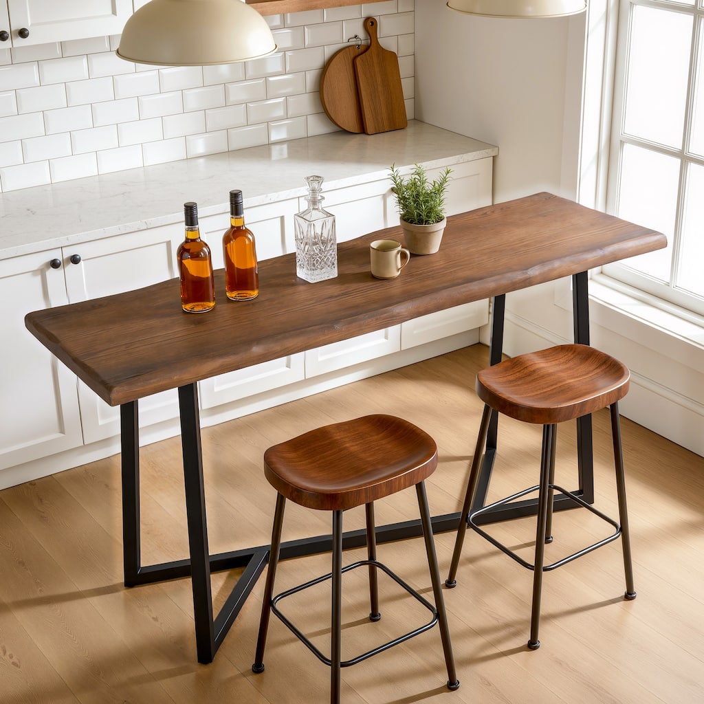 Solid Wood Industrial Bar Table, 63-Inch Counter Height Pub Table with Sturdy Metal Frame - Brown