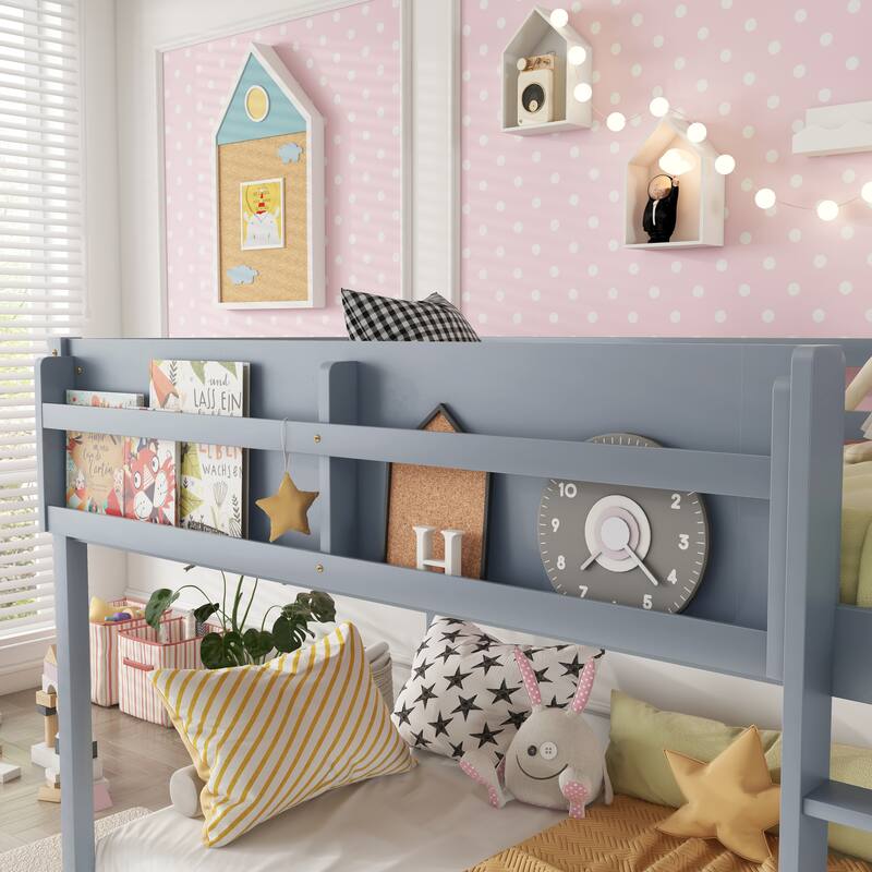 Low Twin Over Twin Bunk Bed, Floor Bunk Bed with Ladder and Storage Shelf, Convertible Design Twin Size Bunk Bed Frame