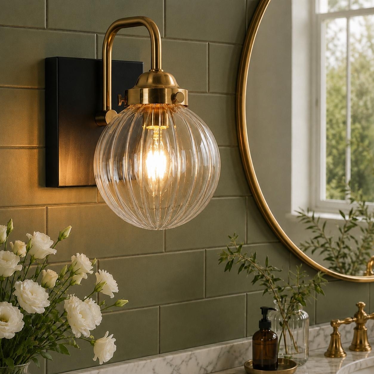 Modern Glam 1-Light Black Gold Wall Sconce Bathroom Vanity Lights with Clear Ribbed Glass Globe Shade - L 4.7" x W 7" x H 7.5"