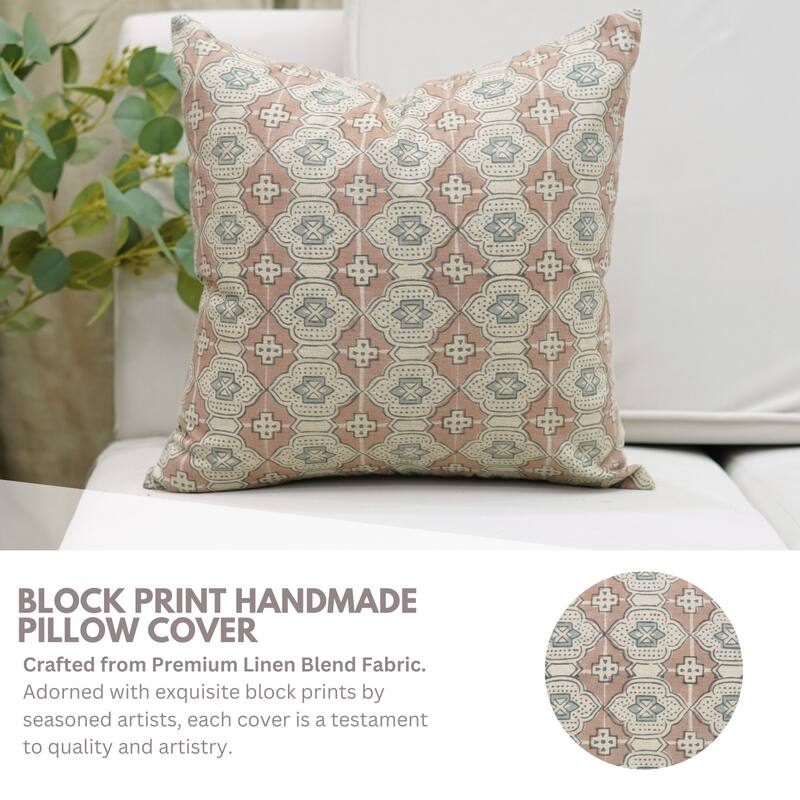 Fabdivine Floral Throw Fall Summer Décor Pink Pillow Cover Handmade Linen, for Farmhouse Guest Room or Couch, Custard Apple