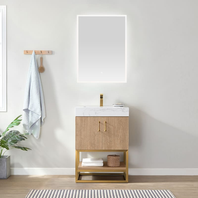 Alistair Single Bath Vanity with White Grain Stone Top & Mirror