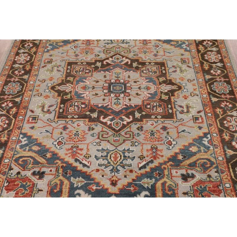 Geometric Heriz Serapi Indian Area Rug Hand-Knotted Grey Wool Carpet - 7'9"x 9'11"