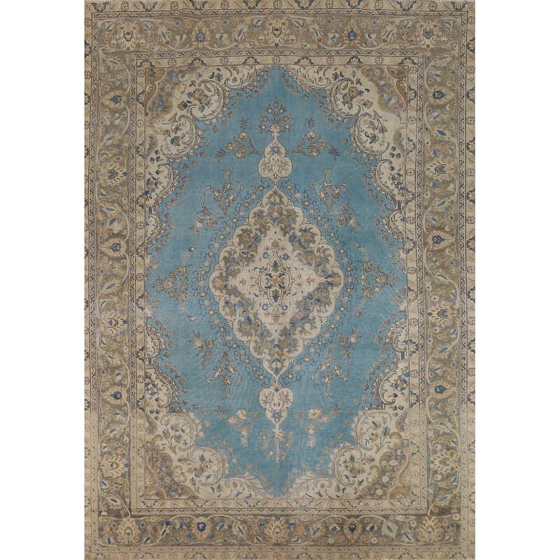 Blue Traditional Tabriz Persian Vintage Rug Hand-Knotted Wool Carpet - 7'10" x 10'10"