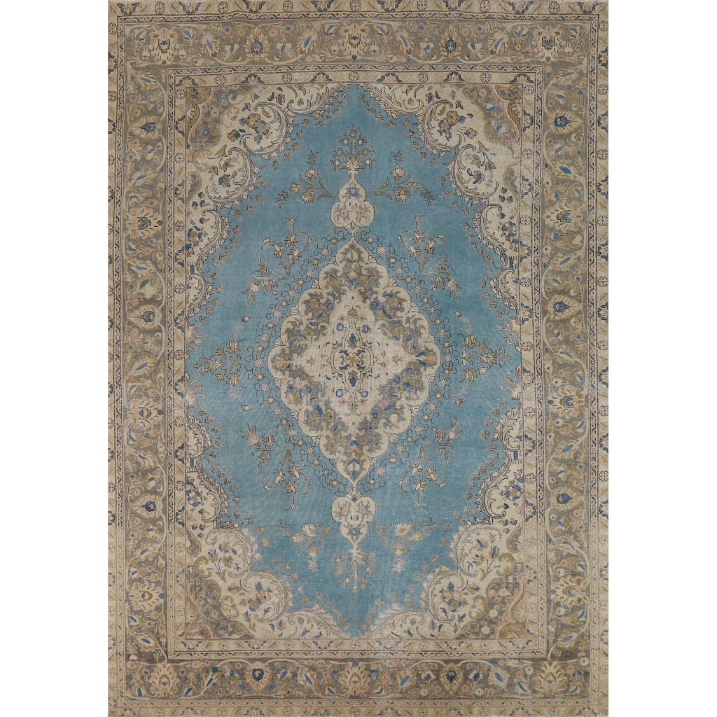 Blue Traditional Tabriz Persian Vintage Rug Hand-Knotted Wool Carpet - 7'10" x 10'10"