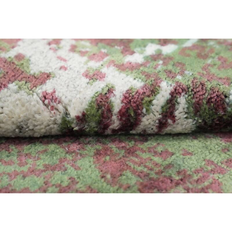 Hand Knotted Oriental Viscose Silk Carpet Modern All-Over Green Abstract Area Rug - 4' 0'' X 2' 0''