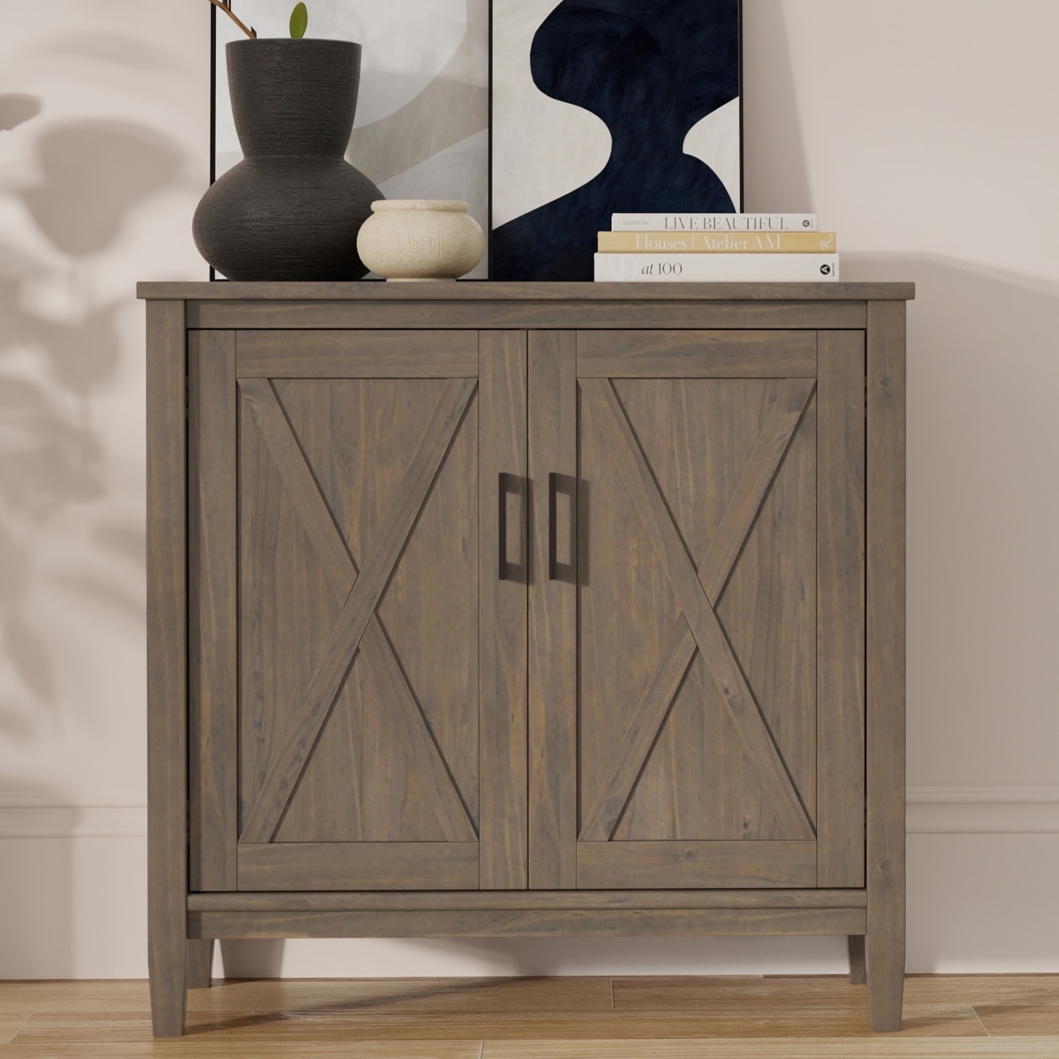 WYNDENHALL Cantina SOLID WOOD 32 inch Wide Transitional Low Storage Cabinet in Smoky Brown - 14" d x 32" w x 31" h