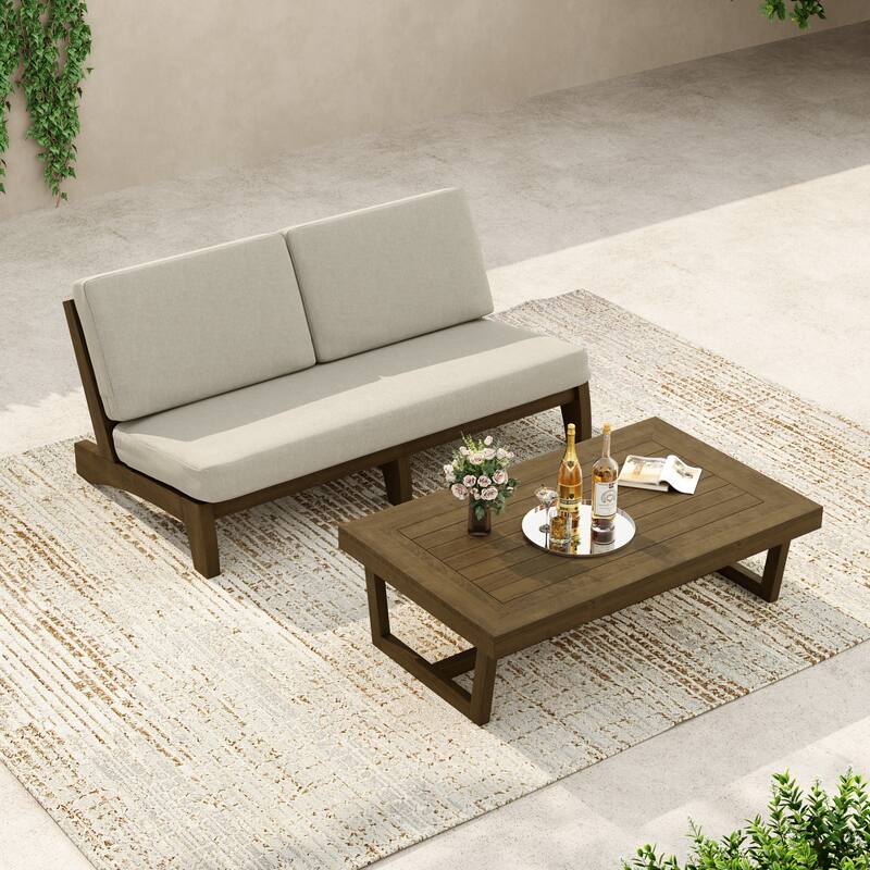 3-Seat Outdoor Sofa Set with Solid Wood Coffee Table, Weather-Resistant Cushions