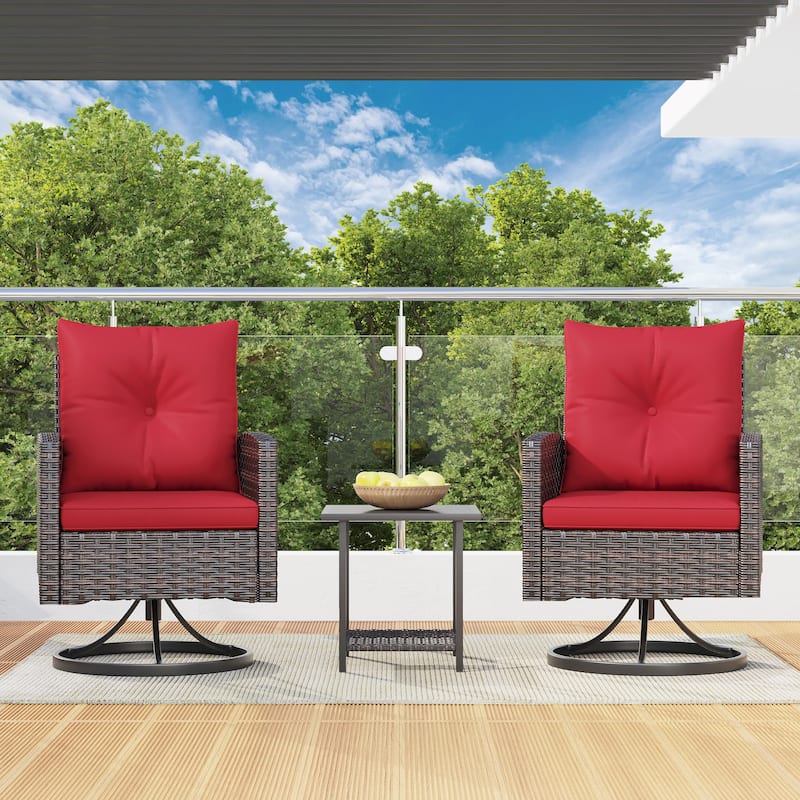 Outdoor Swivel Rocker Patio Chairs Set of 2 with Coffee Table &Cushions, Rattan Bistro Set for Porch, Backyard, Balcony - PE Rattan Arm - Red