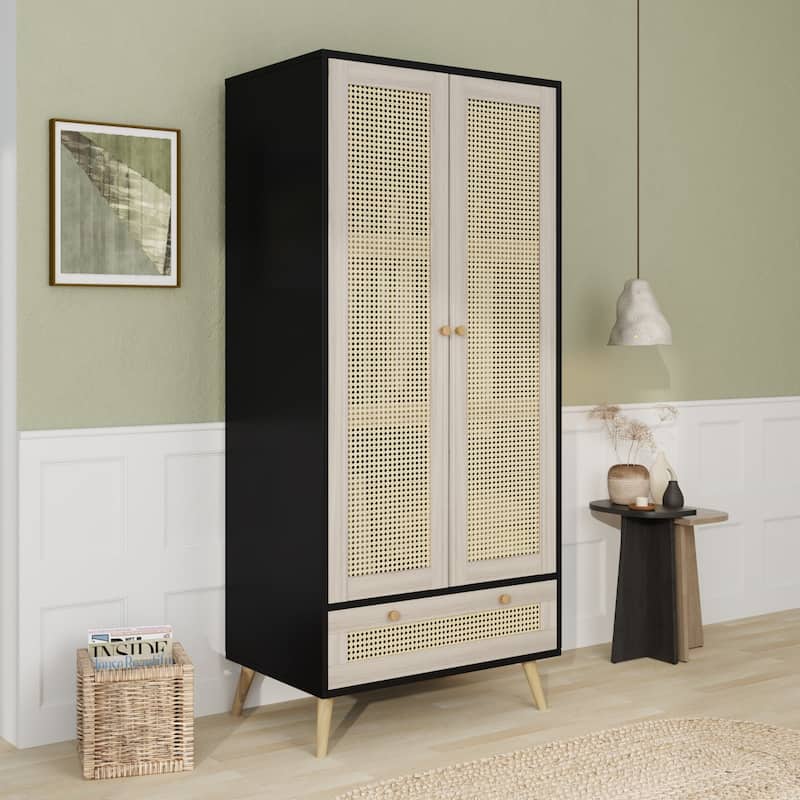 70"H Family 2-Door Wardrobe Armoires Closet Drawer Storage Rattan Style