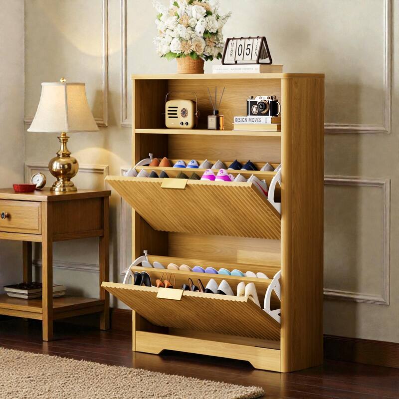 Modern Shoe Cabinet with 2 Flip Drawers, Tall Hidden Shoe Storage Organizer for Entryway, Hallway & Foyer