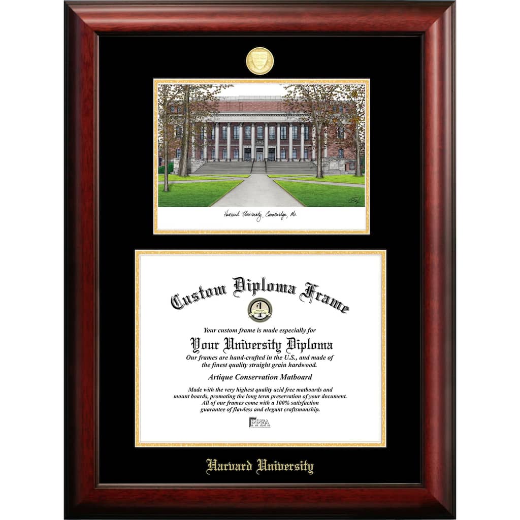 Harvard University 14w x 11h Gold Embossed Diploma Frame with Campus Images Lithograph