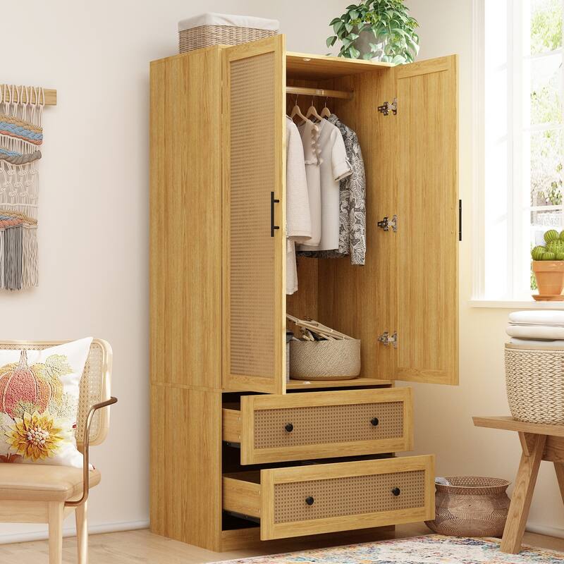 70.9"Wardrobe Closet with Drawers and Hanging Rod Armoires Wood Finish