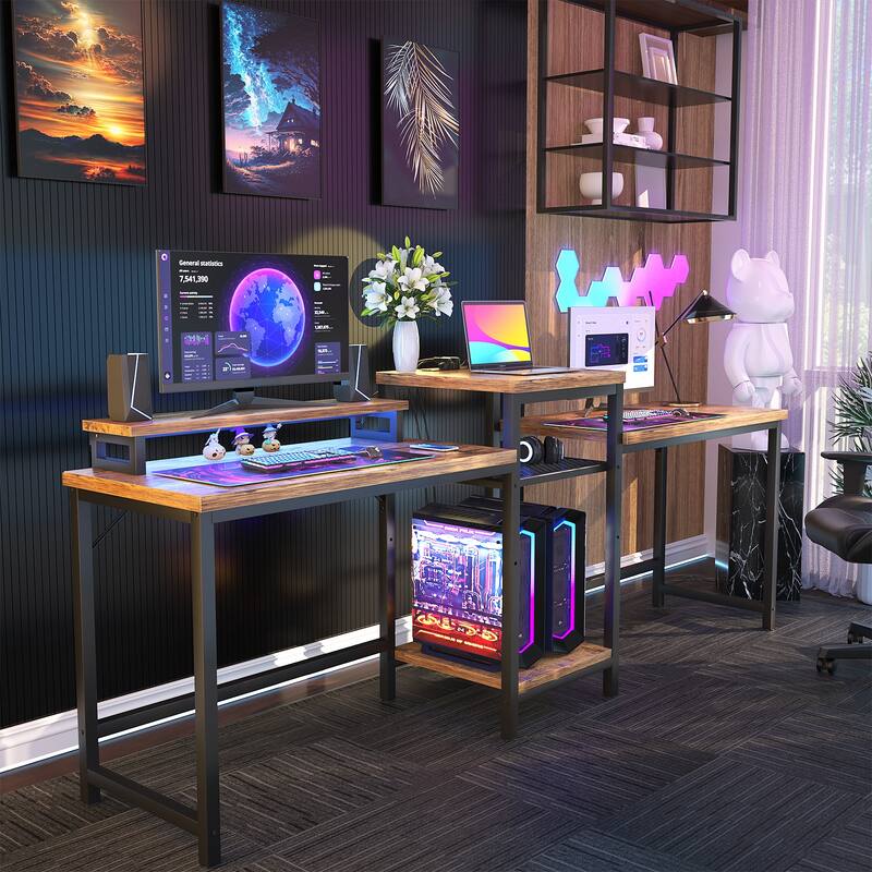 2 Person Computer Desk with LED Light and Power Outlet, Double Gaming Desk with Shelves