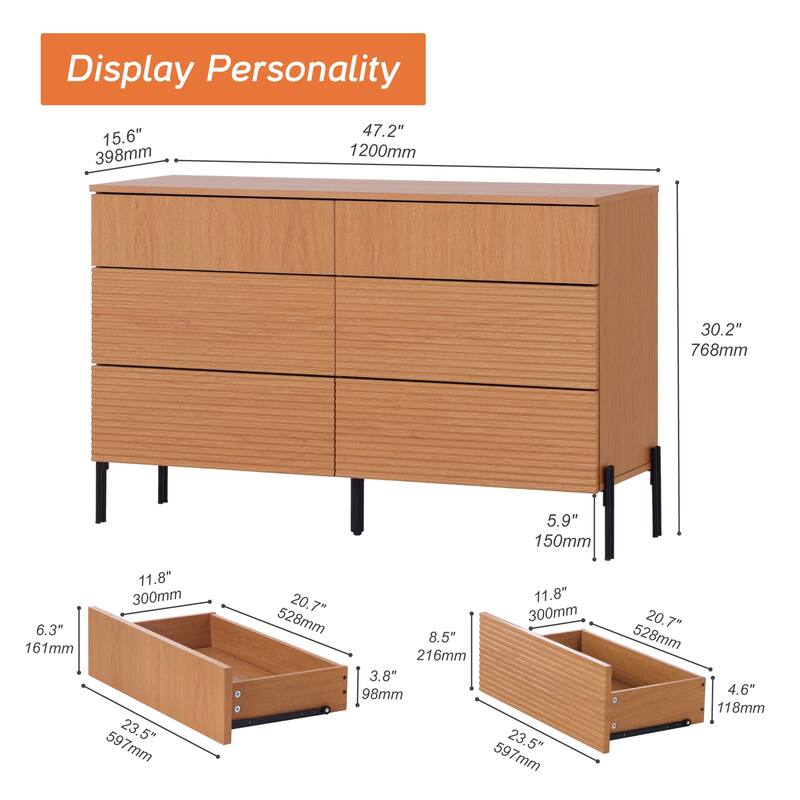 WAMPAT Fluted Dresser for Bedroom with 6 Drawers