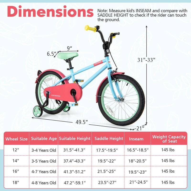 Costway 18" Kids Bike with Adjustable Saddle Handlebar Removable - See Details