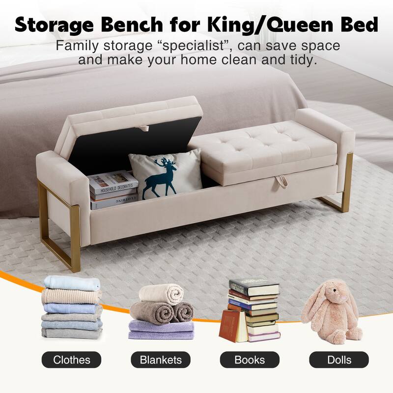 66" Storage Bench King Size End of Bed with Double Lids and Gold Legs