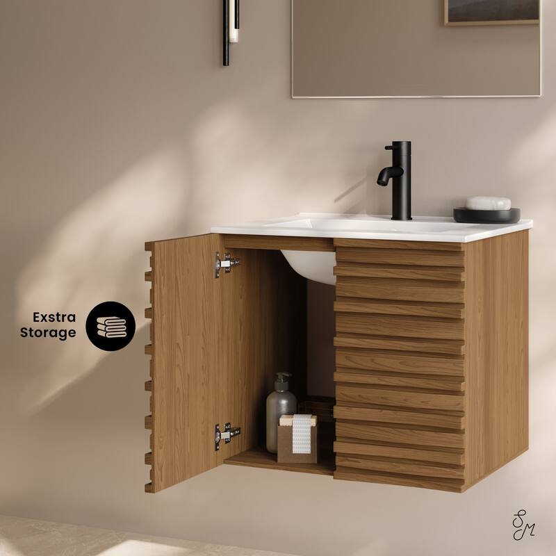Cascade 24" Wall-Mounted Bathroom Vanity In Brown Oak With Sink Top - 24