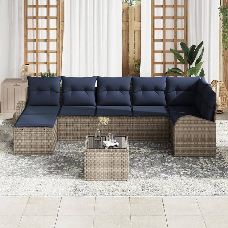 vidaXL 7/8 Garden Sofa Set with Cushions Black/Brown/Grey Poly Rattan - 113.8 x 48.8 x 27.2