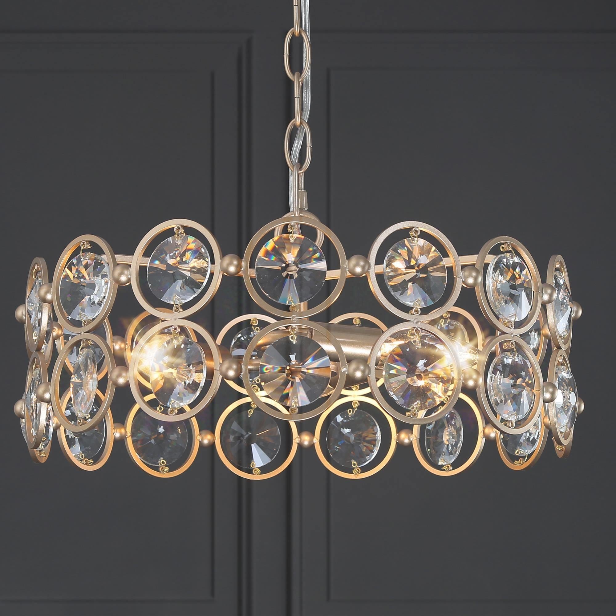 Calex Modern Glam 3-Light Gold Crystal Chandelier Circular Ring Pendant Light for Dining Room - 15"L x 7"H