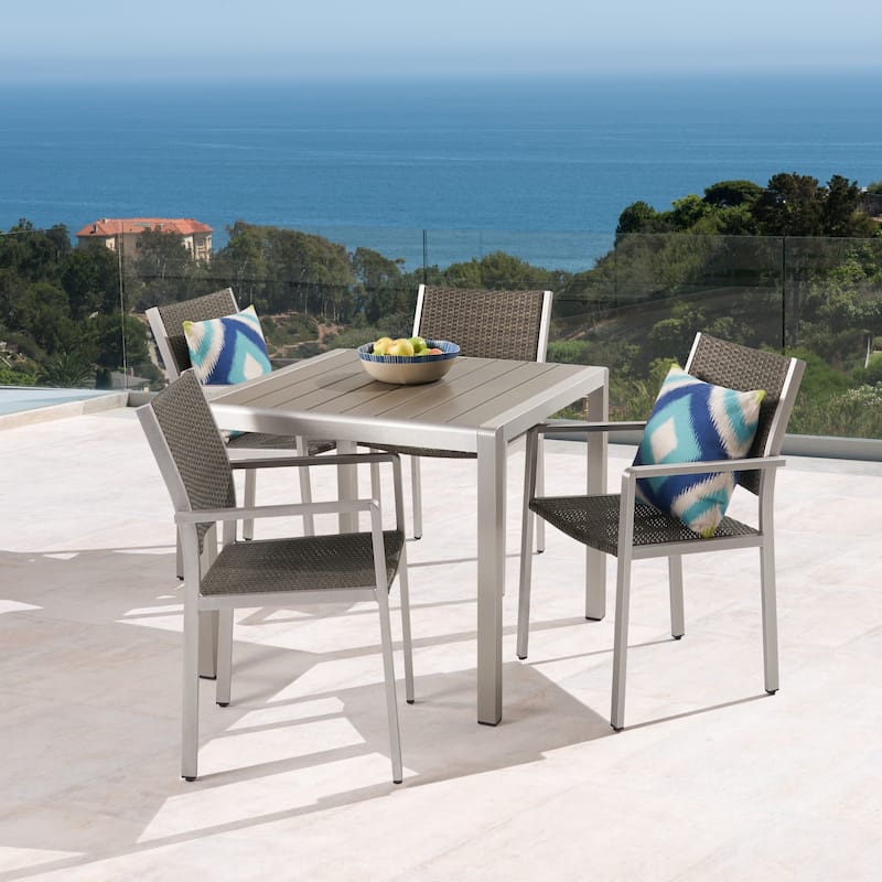 Cape Coral Outdoor 4-Seater Aluminum and Faux Wood Dining Set by Christopher Knight Home - silver + gray
