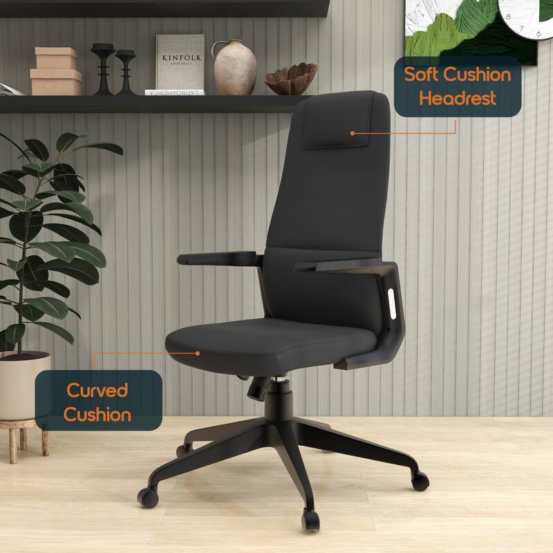 Nexa Ergonomic Leather/Polyester High-Back Office Chair with Padded Headrest, Adjustable Height, Swivel, and Smooth Casters