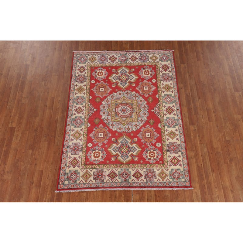 Geometric Kazak Area Rug Handmade Oriental Red Living Room Wool Carpet - 4'11" x 6'8"