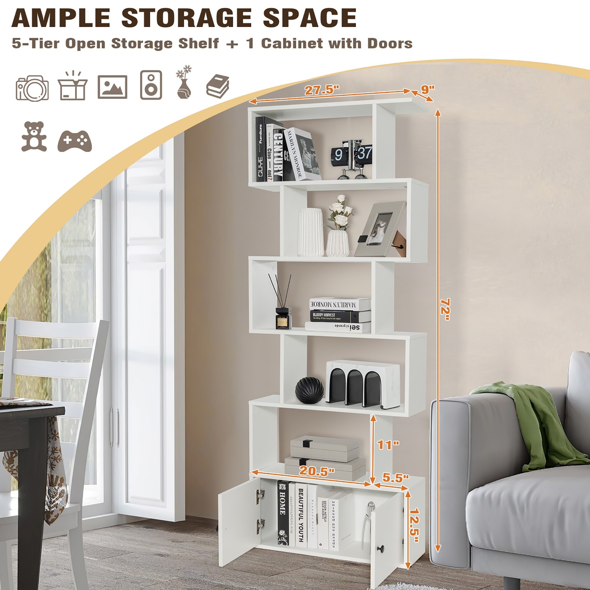 gogobbo　BOOK SHELF Gymax 2PCS 6-tier Geometric Bookcase S-shaped Z-shelf Bookshelf