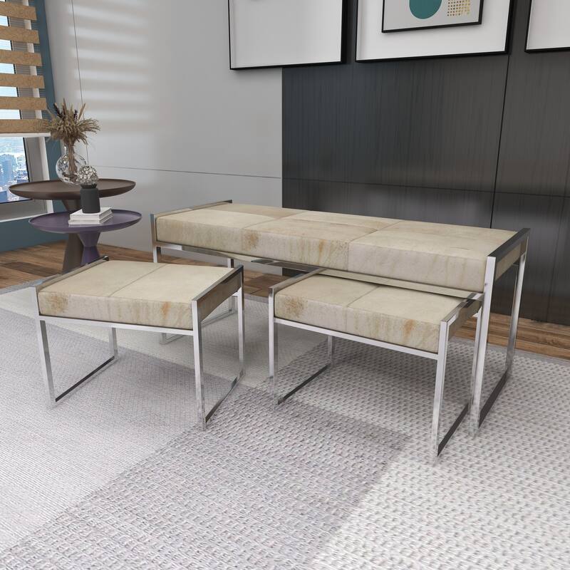 White Leather Glam Bench (Set of 3) - 48 x 18 x 21